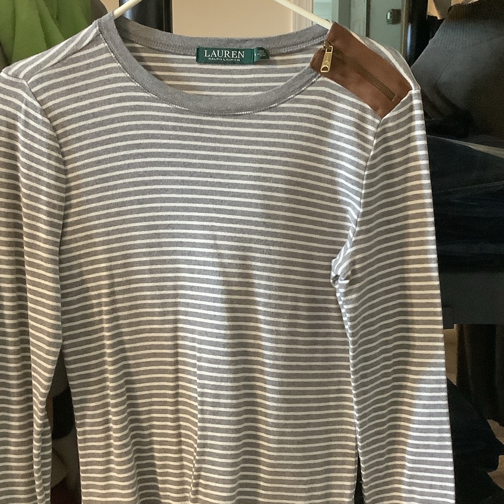 Lauren Ralph Lauren Gray Striped Top with‎ Brown Accents